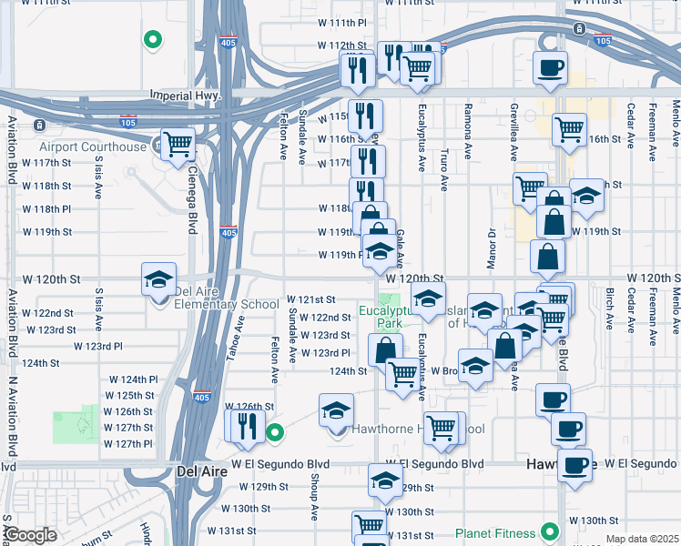 map of restaurants, bars, coffee shops, grocery stores, and more near 4863 West 120th Street in Hawthorne