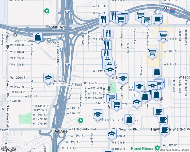 map of restaurants, bars, coffee shops, grocery stores, and more near 4863 West 120th Street in Hawthorne