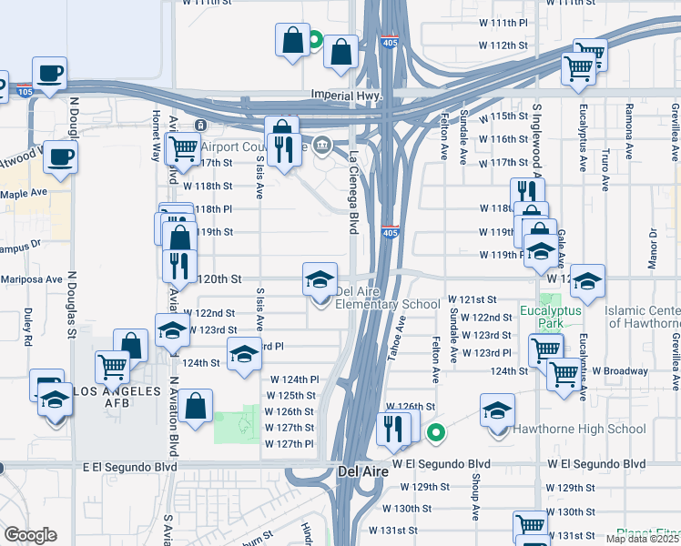 map of restaurants, bars, coffee shops, grocery stores, and more near 5229 West 120th Street in Inglewood