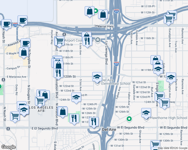 map of restaurants, bars, coffee shops, grocery stores, and more near 5309 West 120th Street in Inglewood