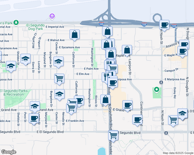 map of restaurants, bars, coffee shops, grocery stores, and more near in El Segundo