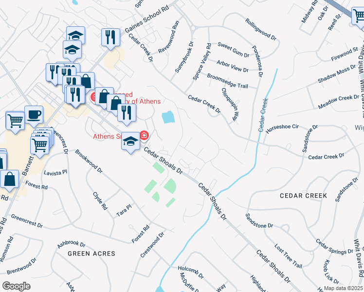 map of restaurants, bars, coffee shops, grocery stores, and more near 111 Spring Lake Drive in Athens