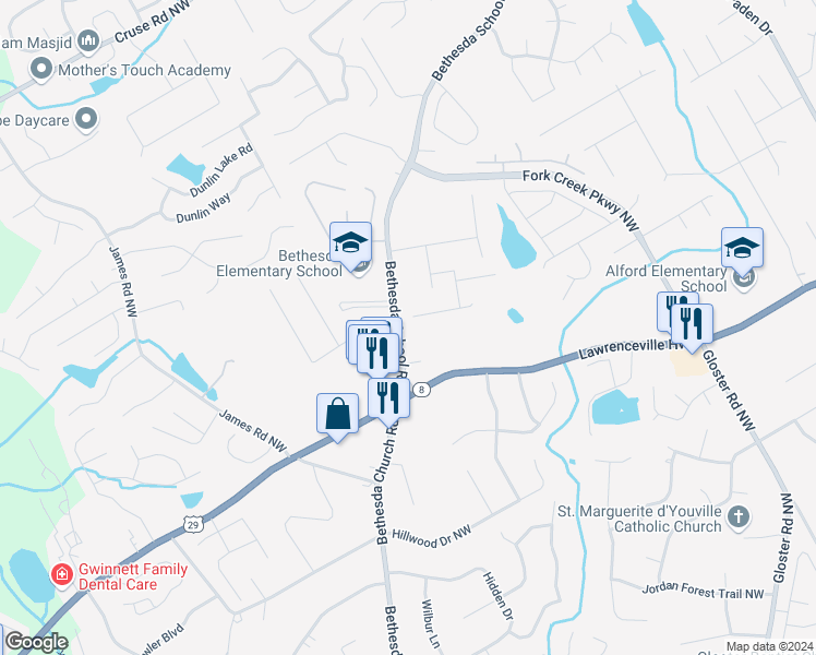 map of restaurants, bars, coffee shops, grocery stores, and more near 568 Musical Court in Lawrenceville