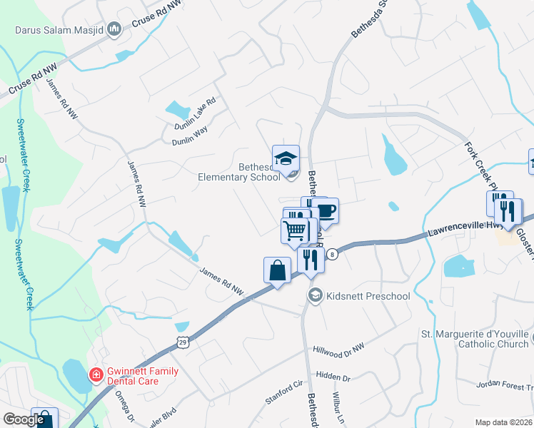 map of restaurants, bars, coffee shops, grocery stores, and more near 535 Chandon Way in Lawrenceville