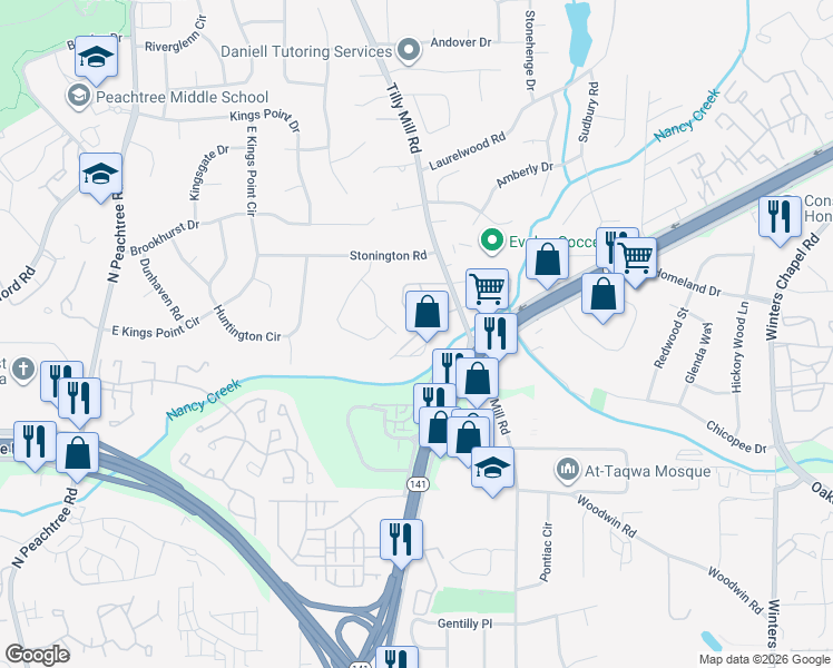 map of restaurants, bars, coffee shops, grocery stores, and more near 4430 Tilly Mill Road in Dunwoody
