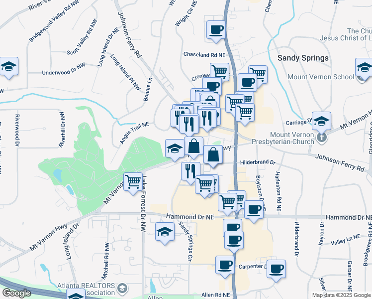 map of restaurants, bars, coffee shops, grocery stores, and more near 86 Mount Vernon Highway Northeast in Sandy Springs