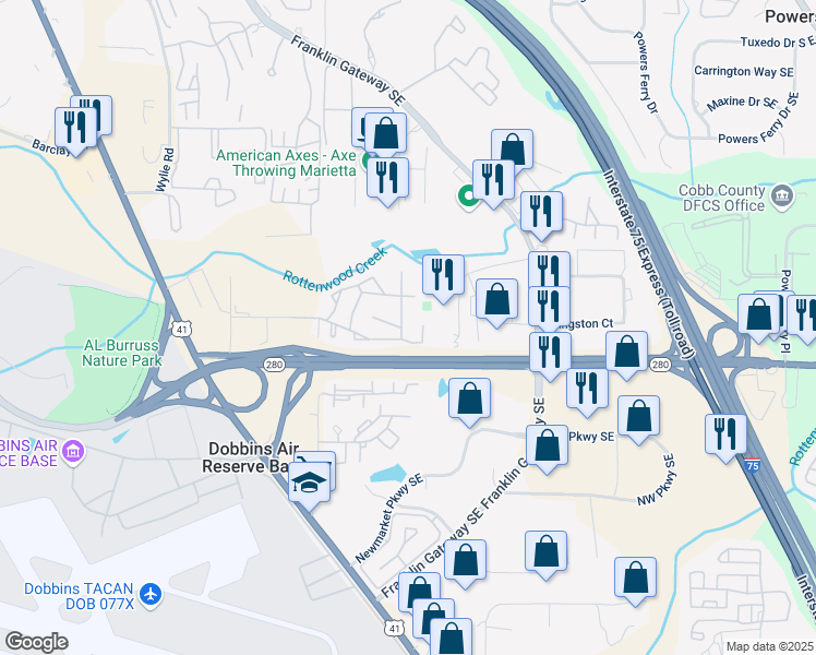 map of restaurants, bars, coffee shops, grocery stores, and more near 1199 Ashborough Drive in Marietta