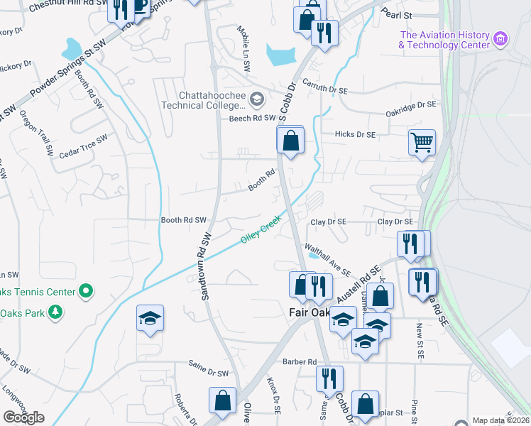 map of restaurants, bars, coffee shops, grocery stores, and more near 8 Grampian Way in Marietta