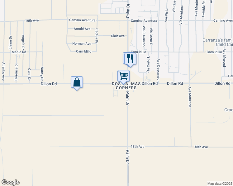 map of restaurants, bars, coffee shops, grocery stores, and more near 66455 Dillon Road in Desert Hot Springs