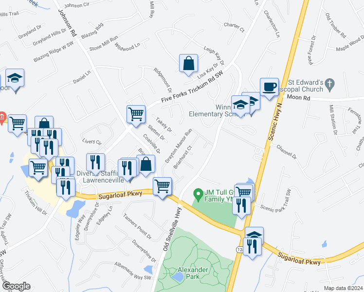 map of restaurants, bars, coffee shops, grocery stores, and more near 3350 Drayton Manor Run in Lawrenceville