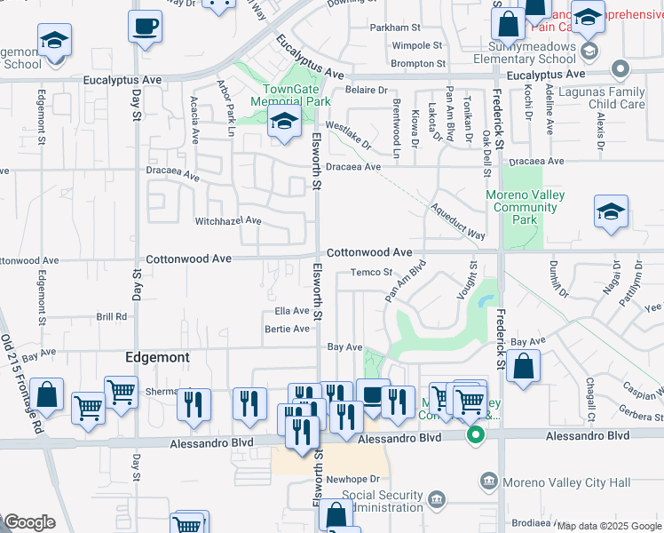 map of restaurants, bars, coffee shops, grocery stores, and more near 22538 Temco Street in Moreno Valley