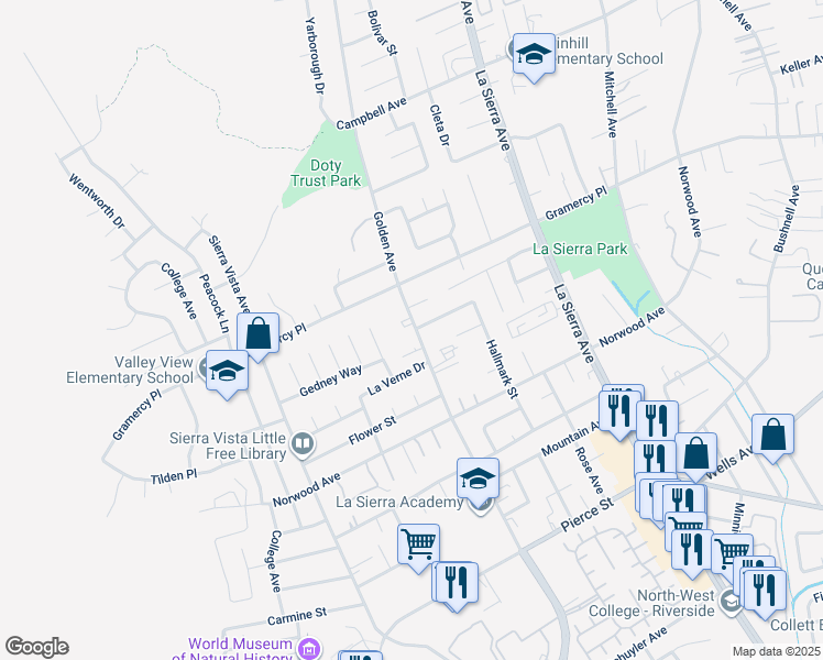 map of restaurants, bars, coffee shops, grocery stores, and more near 5236 Golden Avenue in Riverside