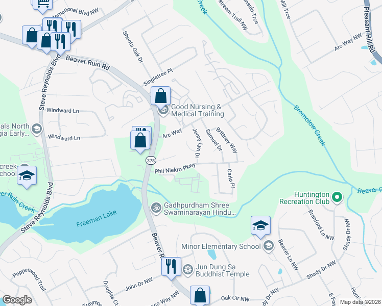 map of restaurants, bars, coffee shops, grocery stores, and more near 1134 Jenny Lyn Court in Norcross