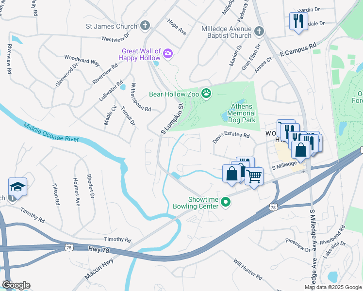 map of restaurants, bars, coffee shops, grocery stores, and more near 202 Sleepy Creek Drive in Athens