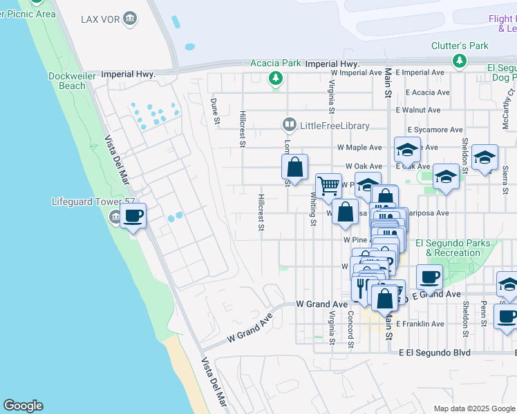 map of restaurants, bars, coffee shops, grocery stores, and more near 609 Hillcrest Street in El Segundo