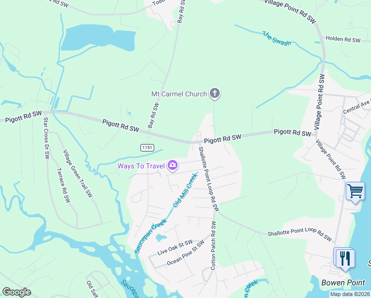 map of restaurants, bars, coffee shops, grocery stores, and more near 4313 Ashburn Street Southwest in Shallotte