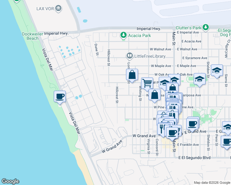 map of restaurants, bars, coffee shops, grocery stores, and more near 609 Hillcrest Street in El Segundo