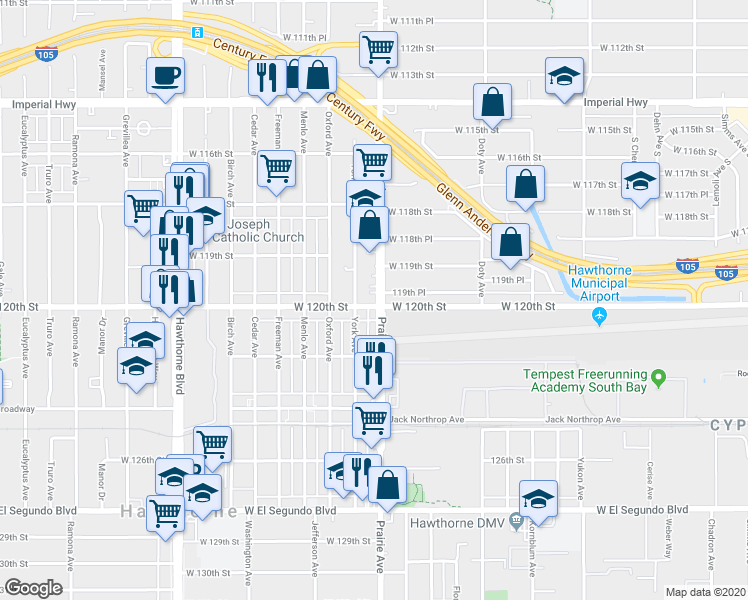 map of restaurants, bars, coffee shops, grocery stores, and more near 11965 Prairie Avenue in Hawthorne