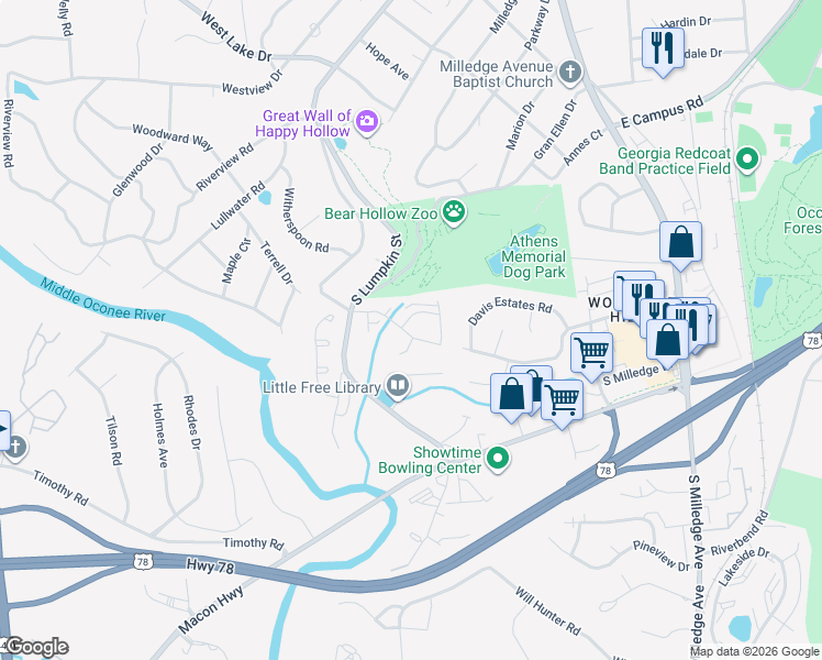 map of restaurants, bars, coffee shops, grocery stores, and more near 231 Sleepy Creek Drive in Athens