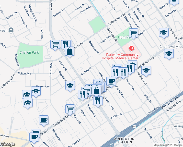 map of restaurants, bars, coffee shops, grocery stores, and more near 3960 Castleman Street in Riverside