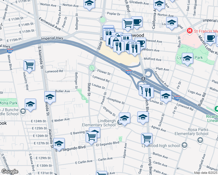 map of restaurants, bars, coffee shops, grocery stores, and more near 11622 Peach Street in Lynwood