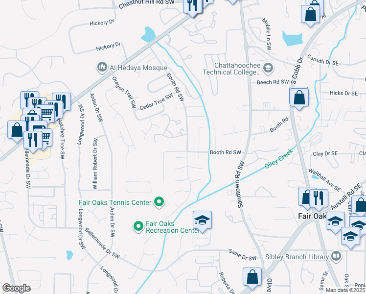 map of restaurants, bars, coffee shops, grocery stores, and more near 1170B Booth Road Southwest in Marietta