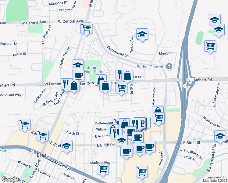 map of restaurants, bars, coffee shops, grocery stores, and more near 386 Cliffwood Park St in Brea