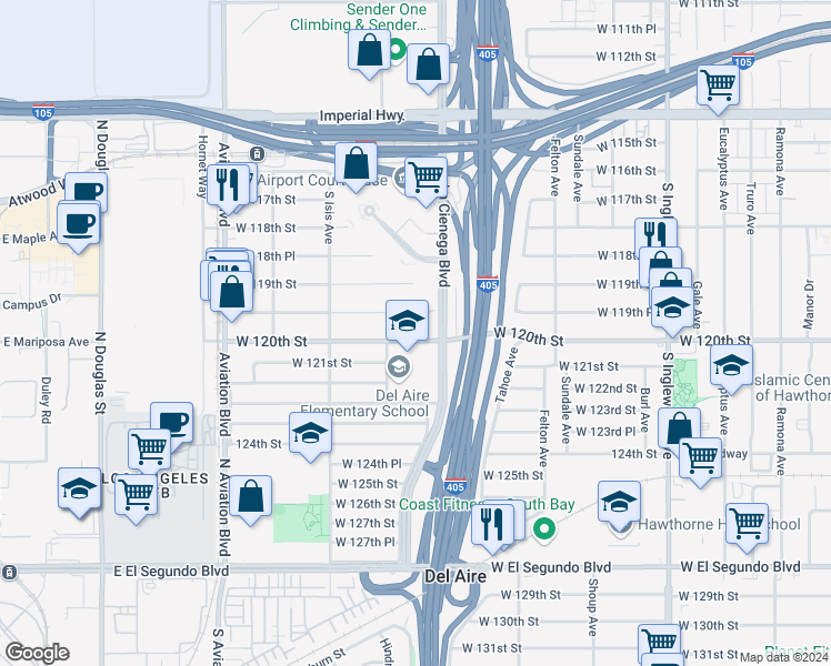 map of restaurants, bars, coffee shops, grocery stores, and more near 5229 West 120th Street in Inglewood