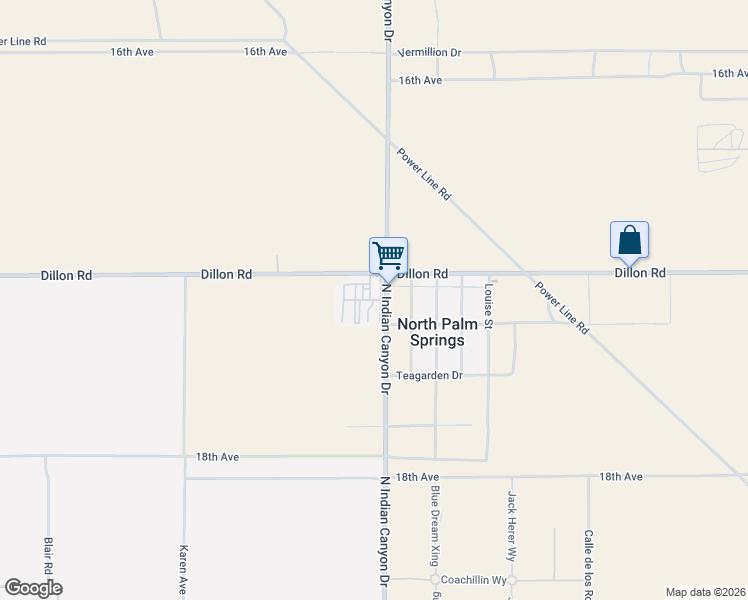 map of restaurants, bars, coffee shops, grocery stores, and more near 17069 North Indian Canyon Drive in North Palm Springs