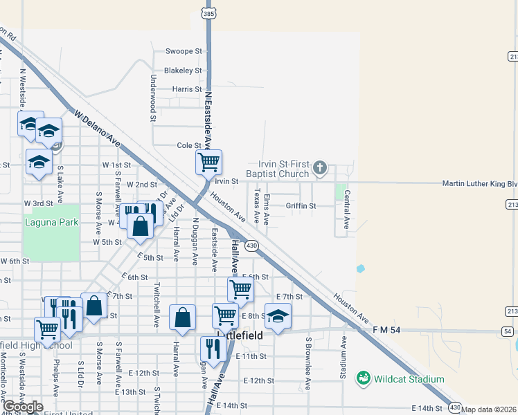 map of restaurants, bars, coffee shops, grocery stores, and more near 120 Texas Avenue in Littlefield