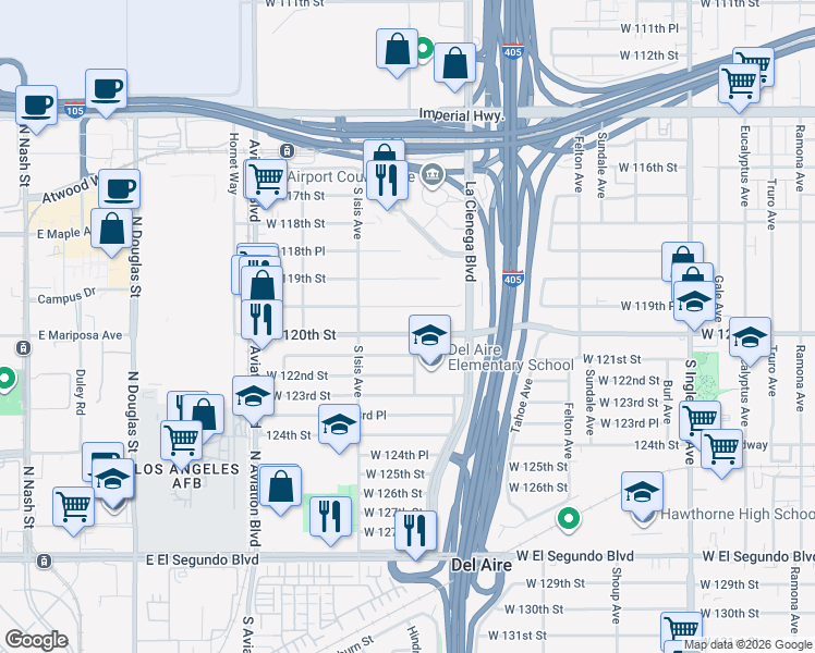 map of restaurants, bars, coffee shops, grocery stores, and more near 5309 West 120th Street in Inglewood