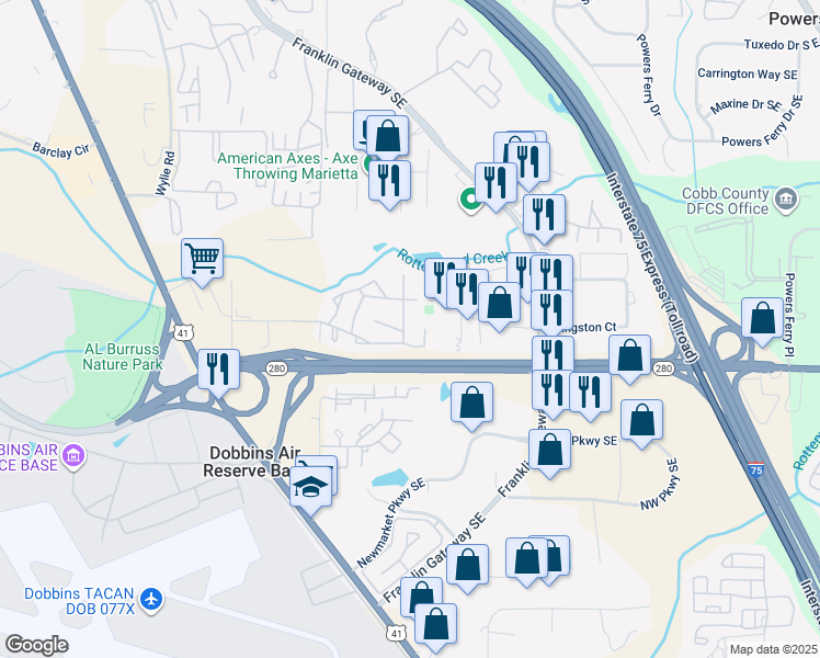 map of restaurants, bars, coffee shops, grocery stores, and more near 1199 Ashborough Drive in Marietta