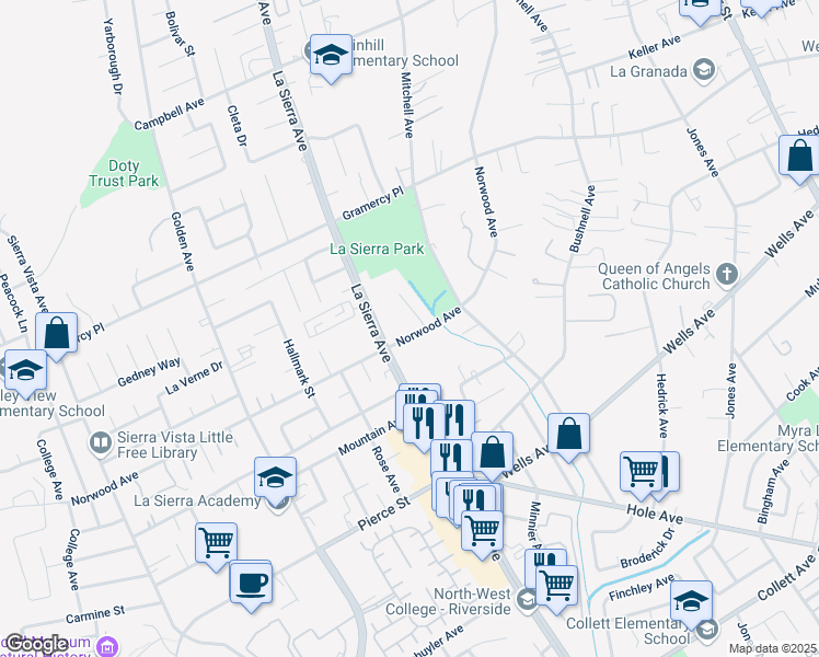 map of restaurants, bars, coffee shops, grocery stores, and more near 11005 Norwood Avenue in Riverside