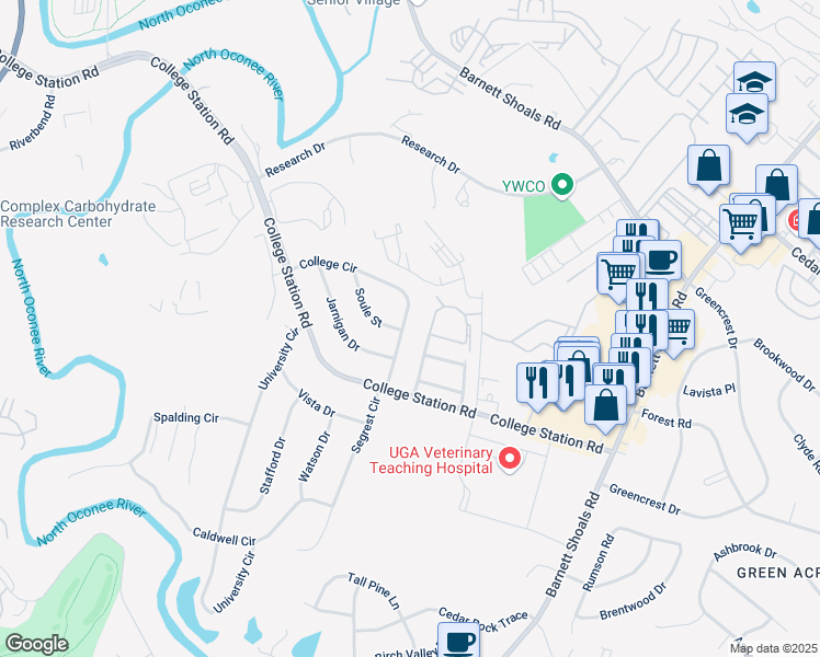 map of restaurants, bars, coffee shops, grocery stores, and more near 401 College Circle in Athens