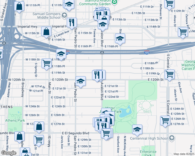 map of restaurants, bars, coffee shops, grocery stores, and more near 443 East 120th Street in Los Angeles