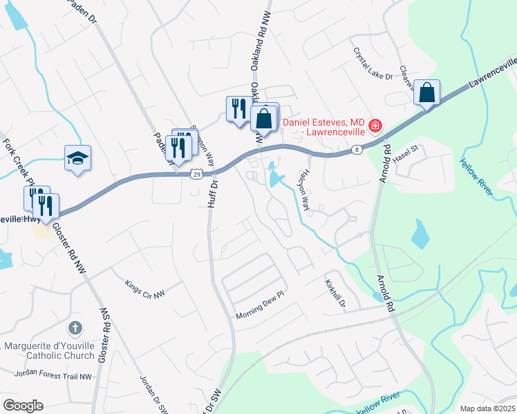 map of restaurants, bars, coffee shops, grocery stores, and more near 66 Oak Green Drive in Lawrenceville