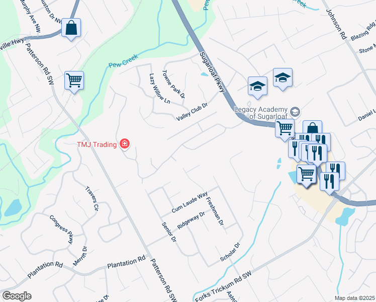 map of restaurants, bars, coffee shops, grocery stores, and more near 1698 Broomfield Way in Lawrenceville