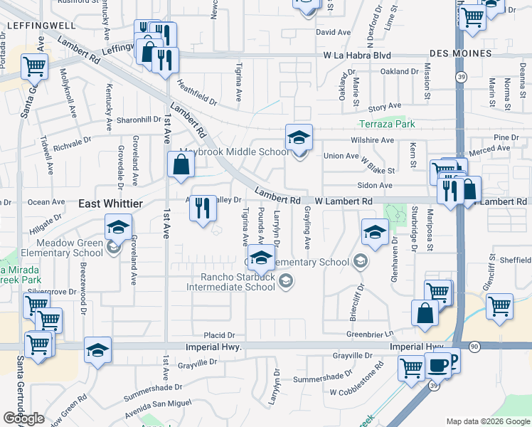 map of restaurants, bars, coffee shops, grocery stores, and more near 11820 Pounds Avenue in Whittier