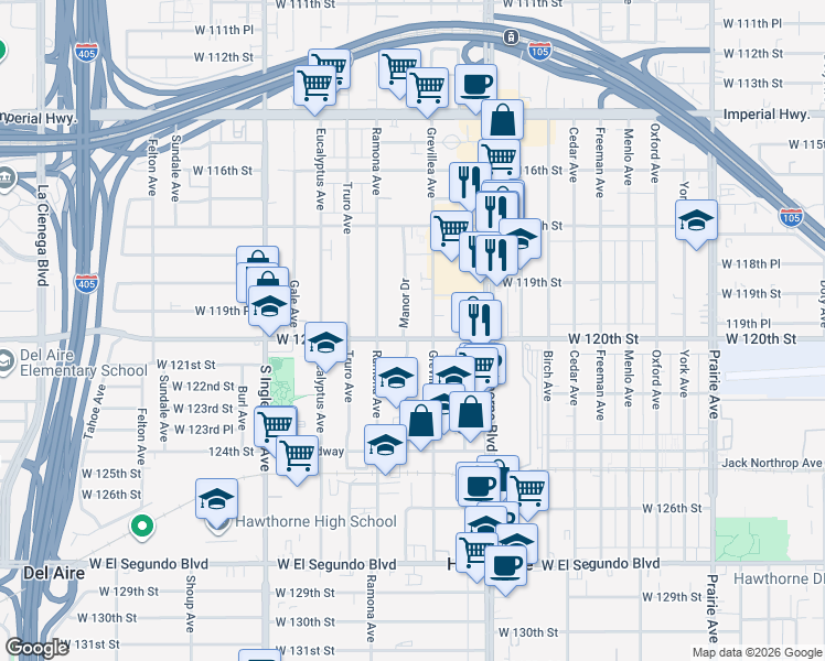 map of restaurants, bars, coffee shops, grocery stores, and more near 4537 West 120th Street in Hawthorne