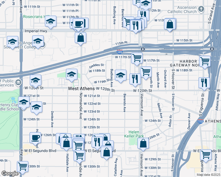 map of restaurants, bars, coffee shops, grocery stores, and more near 11937 Budlong Avenue in Los Angeles