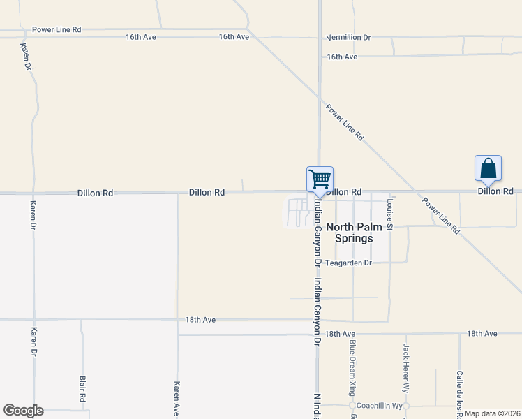 map of restaurants, bars, coffee shops, grocery stores, and more near 63775 Dillon Road in North Palm Springs