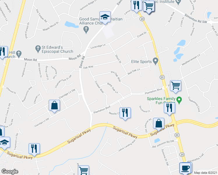 map of restaurants, bars, coffee shops, grocery stores, and more near 917 Rock Oak Lane in Lawrenceville