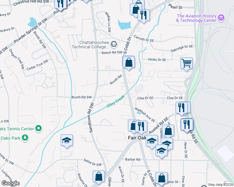 map of restaurants, bars, coffee shops, grocery stores, and more near 8 Grampian Way in Marietta