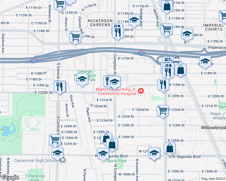 map of restaurants, bars, coffee shops, grocery stores, and more near 11913 Compton Avenue in Los Angeles