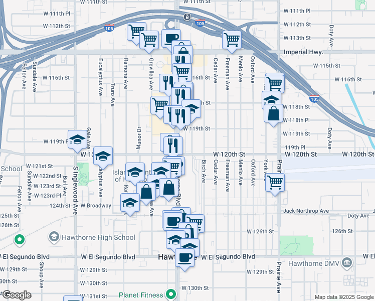 map of restaurants, bars, coffee shops, grocery stores, and more near 11983 Acacia Avenue in Hawthorne