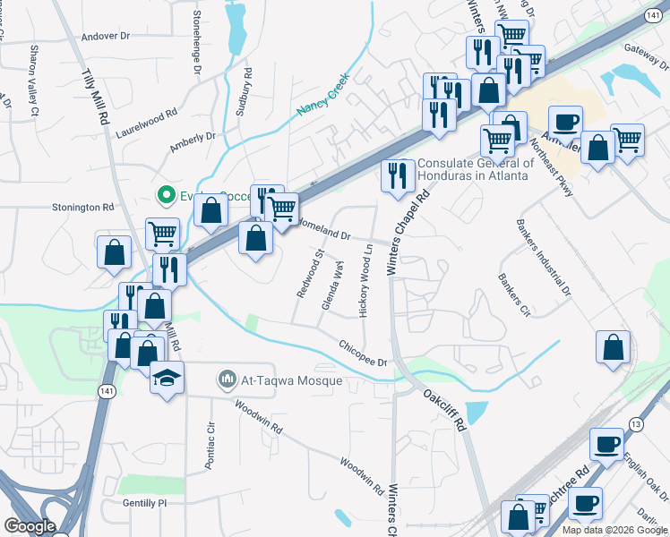 map of restaurants, bars, coffee shops, grocery stores, and more near 4412 Glenda Way in Doraville