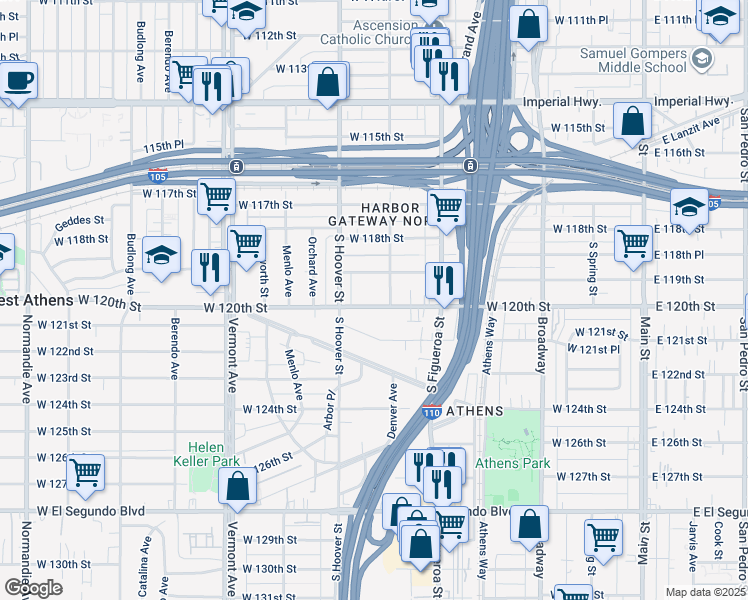 map of restaurants, bars, coffee shops, grocery stores, and more near 615 West 120th Street in Los Angeles