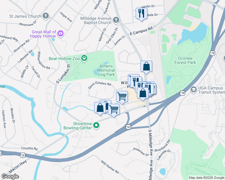 map of restaurants, bars, coffee shops, grocery stores, and more near 110 Julia Ann Circle in Athens