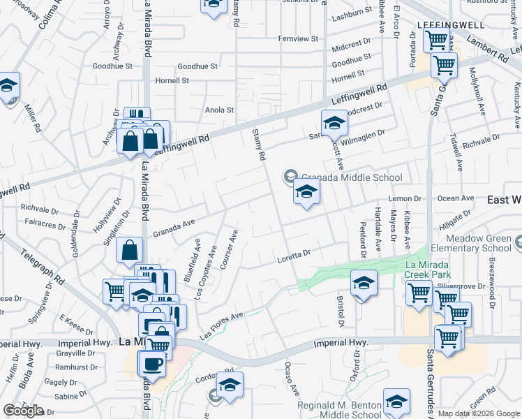 map of restaurants, bars, coffee shops, grocery stores, and more near 11836 Holston Avenue in La Mirada