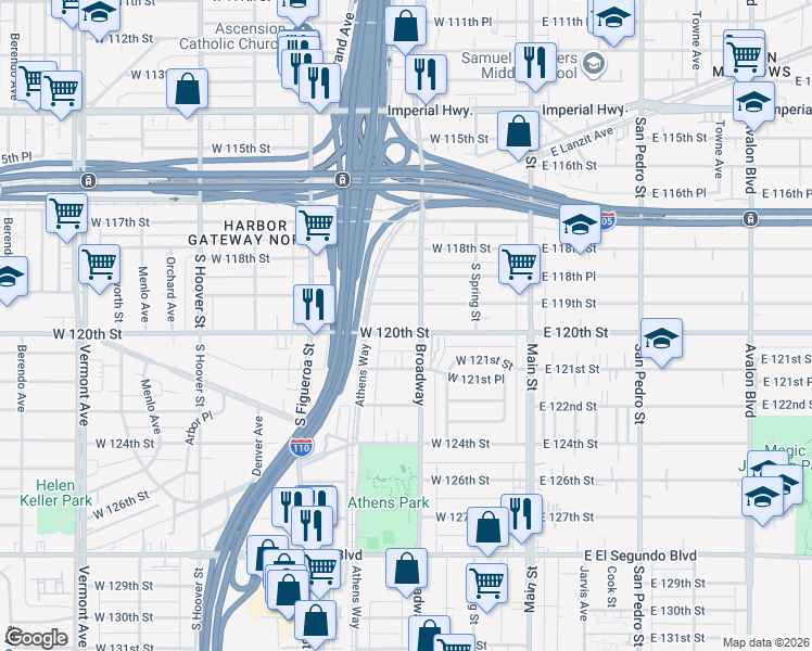 map of restaurants, bars, coffee shops, grocery stores, and more near 315 West 120th Street in Los Angeles